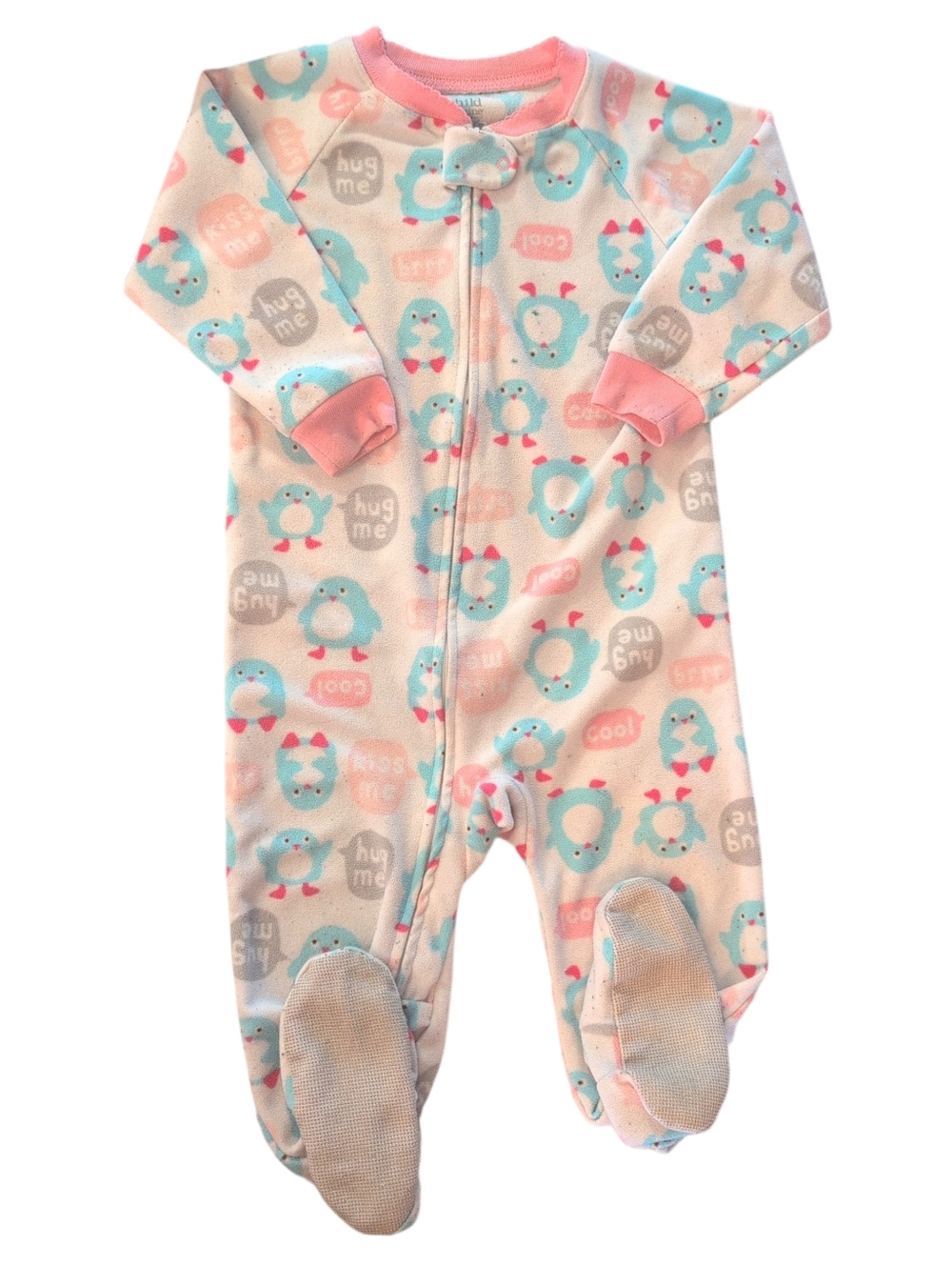 🍁2/$7🍁CHILD OF MINE White Pink Blue Penguin Fleece Full Zip Pajama Onesie